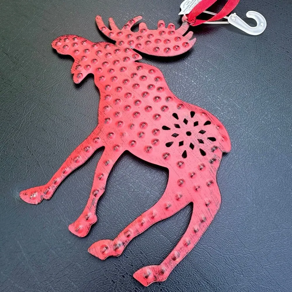 Holiday Red Metal Moose Christmas Tree Hanging Ornament